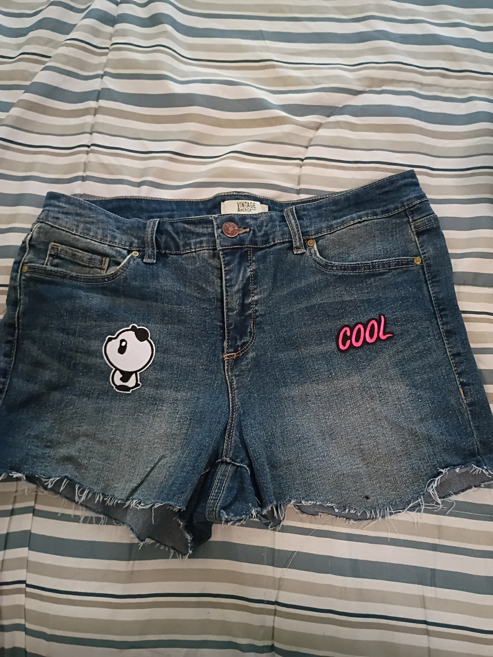 Vintage America Blue Denim Shorts with Pink "COOL" Patch
